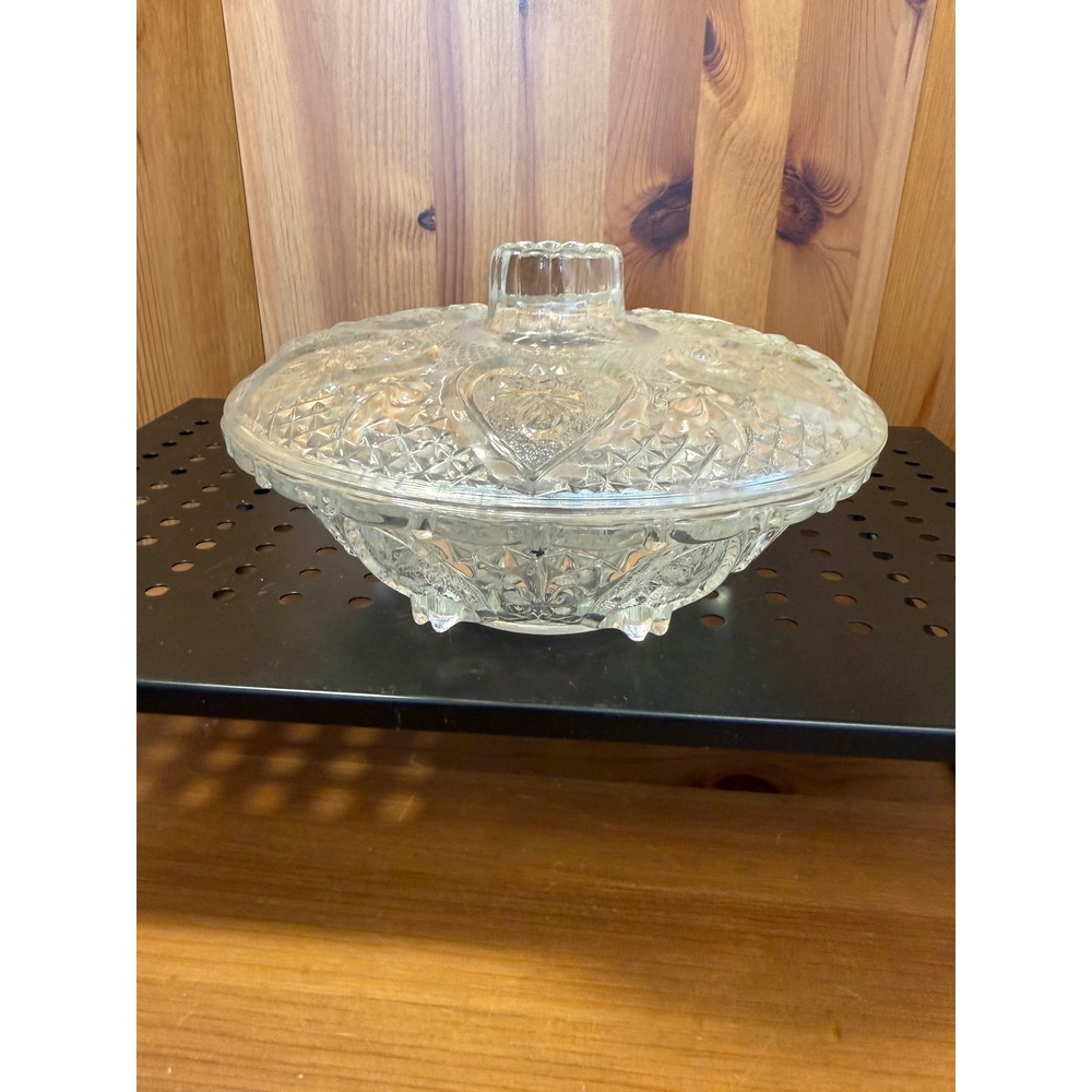 Vintage King Malaysia Clear Pressed Glass Covered Candy Dish Heart Floral 7"